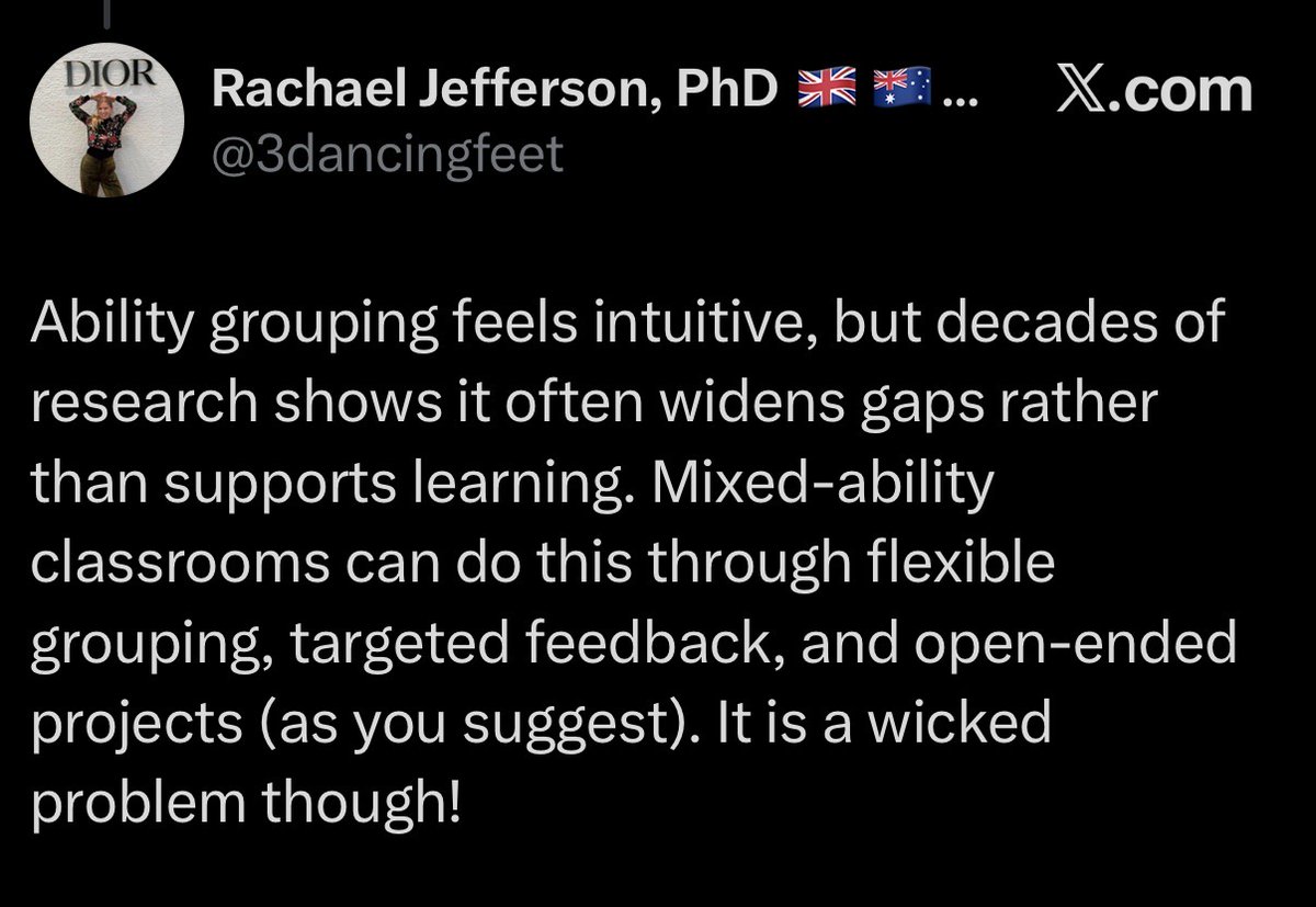 > “Ability grouping feels intuitive, but decades of research shows it often widens gaps”

Yes, that is literally the point.

We should allow smart kids to excel instead of holding them back to the lowest common denominator

They will achieve more if we let them