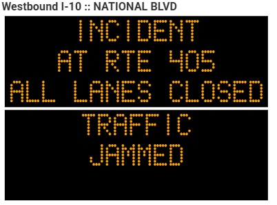 CaltransDist7's tweet image. ⚠️TRAFFIC ADVISORY ⚠️ All lanes closed on Westbound I-10 to I-405 due to big rig collision for unknown duration. Expect delays. Seek alternate routes if possible.