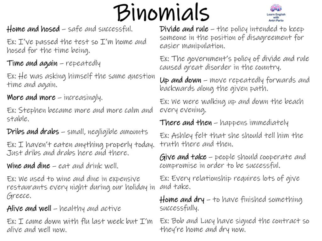 MyLinguaAcademy's tweet image. Binomials — those fun little pairs of words like “more and more” or “give and take” that make your English sound natural, fluent, and beautifully idiomatic. 👉 buff.ly/8J1K1q5 
#learnenglish #MyLinguaAcademy