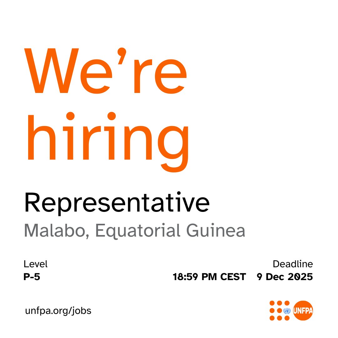 UNFPA's tweet image. ⚠️ #JobAlert: We are looking for a Representative (P-5) in #EquatorialGuinea to lead the country team. 

Spread the word and apply here before 09 December 2025 (18:59PM EST): unf.pa/RepEquGui 

#UNJobs