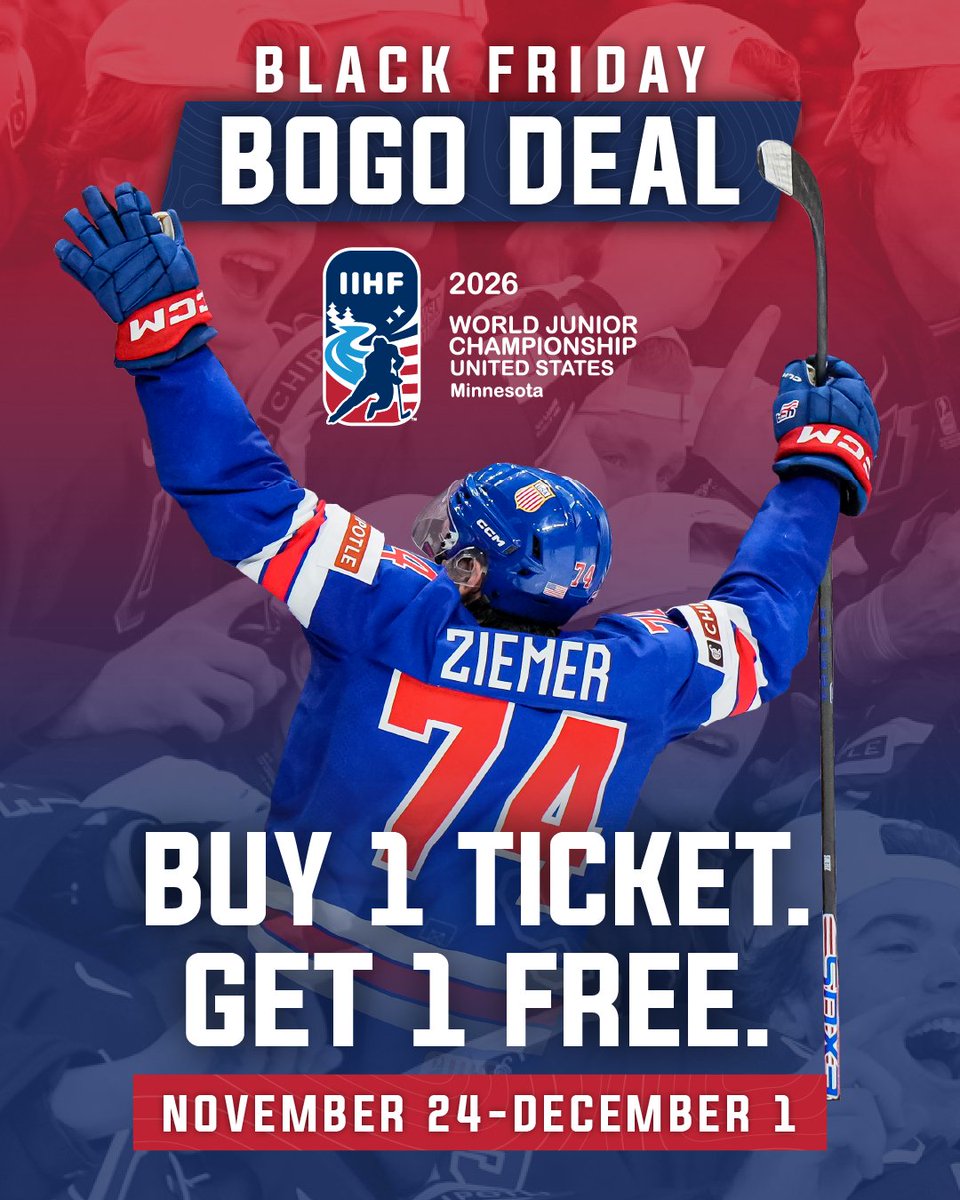 🔥 Black Friday BOGO is live!
Buy 1 ticket, get 1 FREE on all World Juniors Preliminary &amp; Quarterfinal games.

⏰ One week only — ends Dec 1.
Don’t miss the future stars of hockey in Minnesota.
🎟️ WorldJuniorsMN26.com/bogo