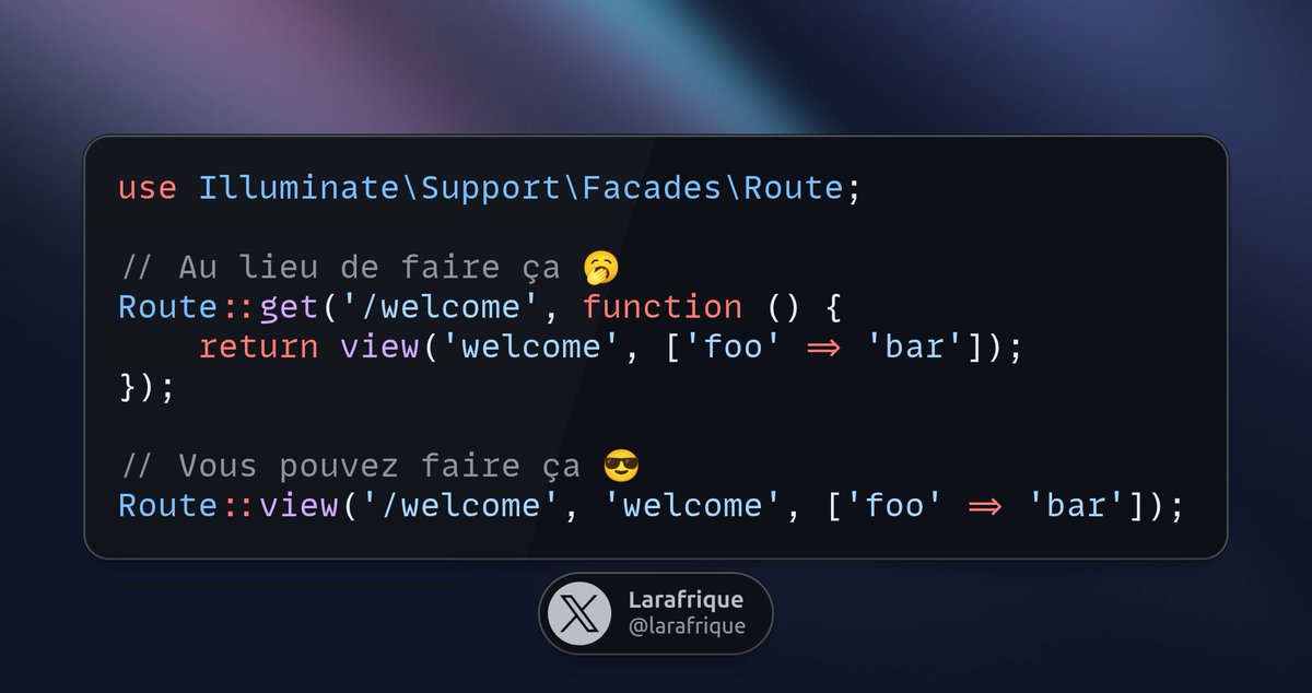 larafrique's tweet image. ✨💡🚀Astuce Laravel
Simplifiez vos routes Laravel !
Au lieu de créer une closure juste pour retourner une vue, utilisez Route::view().
Plus propre, plus court, plus lisible. ✨
#Laravel #PHP #LaravelTips #CleanCode #DevTips #AstucesLaravel