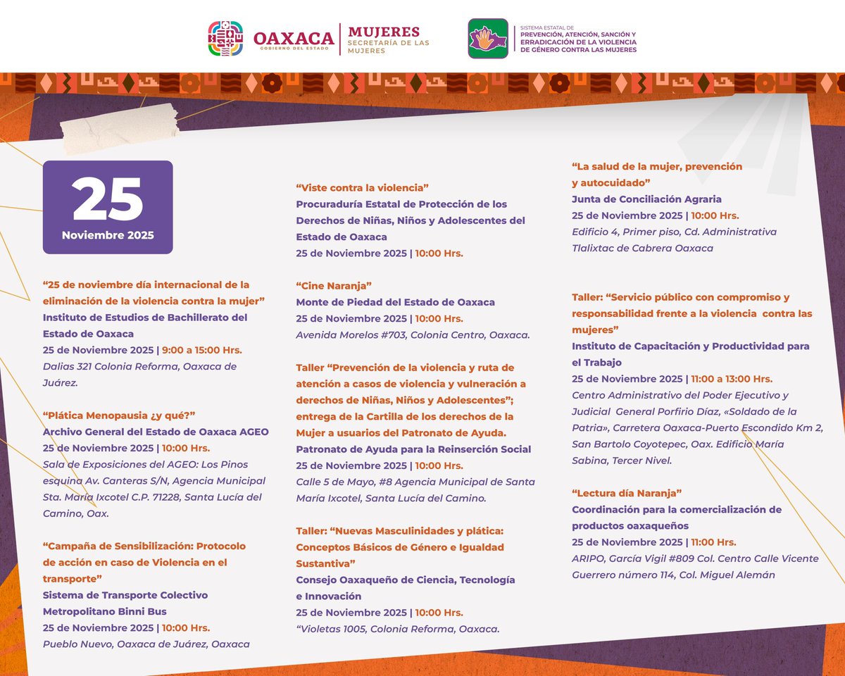 SM_GobOax's tweet photo. 🧡 En el marco del Día internacional de la lucha contra la violencia hacia las mujeres la Secretaría de las Mujeres del estado en coordinacióncon las dependencias del @GobOax las y los invita a participar en las actividades programadas. 
#DíaNaranja 
Consulta la cartelera 👇 https://t.co/5sDNEtHaW5