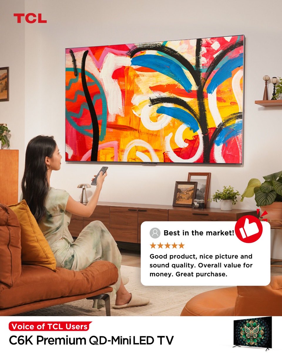 tcl_india's tweet image. Value, picture, and sound, all confirmed by the experts (our customers!).

Upgrade to the C6K Premium QD-Mini LED TV and experience the best!

#TCLTV #MiniLED #UserApproved #CustomerReview #TCLC6K
