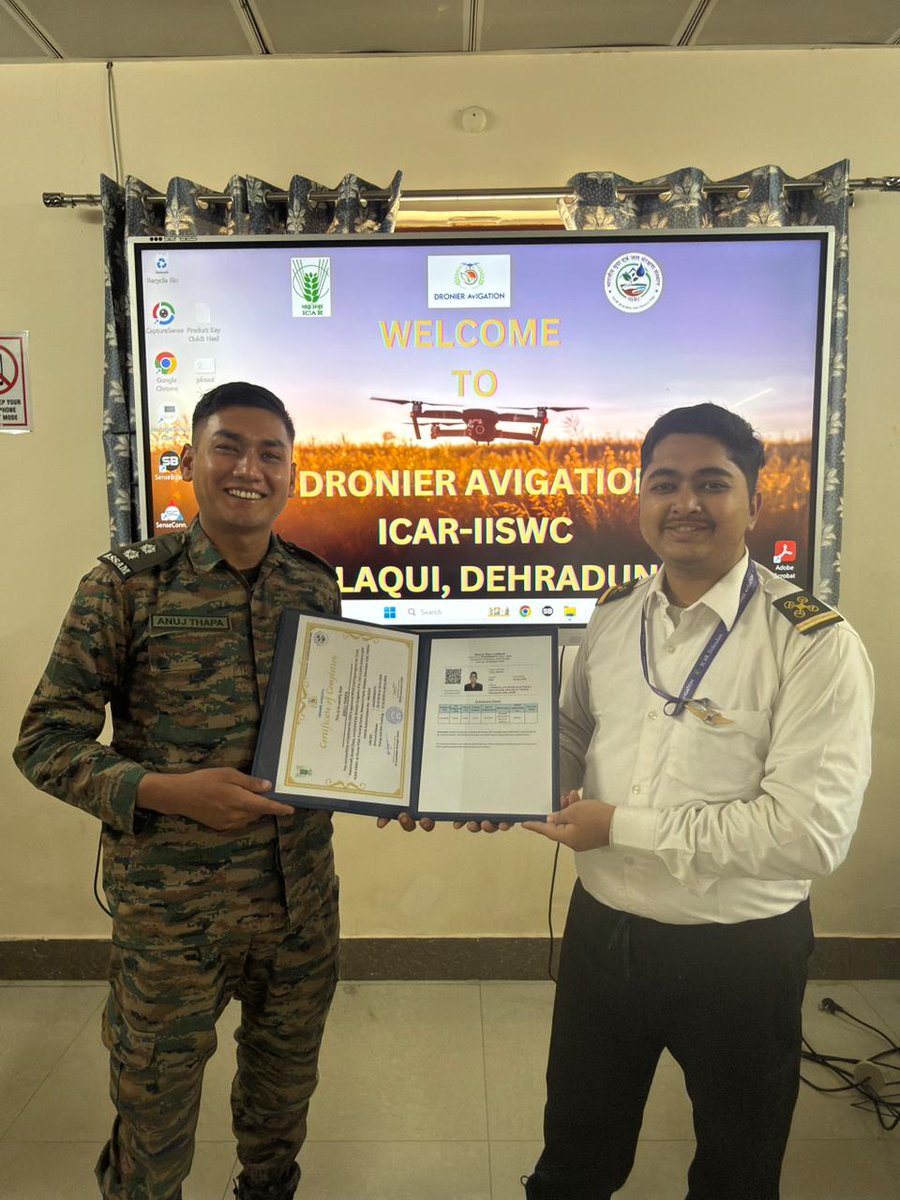 DronierAVIGATIO's tweet photo. Big Win for Indian Aviation! 🇮🇳
​Dronier Avigation ICAR-IISWC, Dehradun, celebrate the graduation of their latest Remote Pilots
​Congrats to the Defence member and the passionate drone enthusiast for earning wings
Contact us at dronieravigation@gmail.com  or call at 9818098766 https://t.co/bMK0PY5Ia4