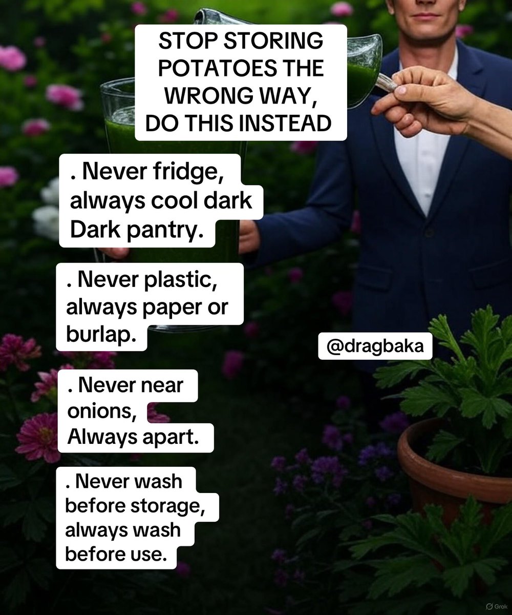 healthylife2202's tweet image. Potatoes last longer when we treat them the way nature intended, cool, dark, dry, and never beside onions. Store them with care, and they will nourish you for weeks.

#FoodTips #KitchenHacks #HealthyLiving #NaturalLiving #FoodStorageTips #HomeRemedies #OrganicLifestyle