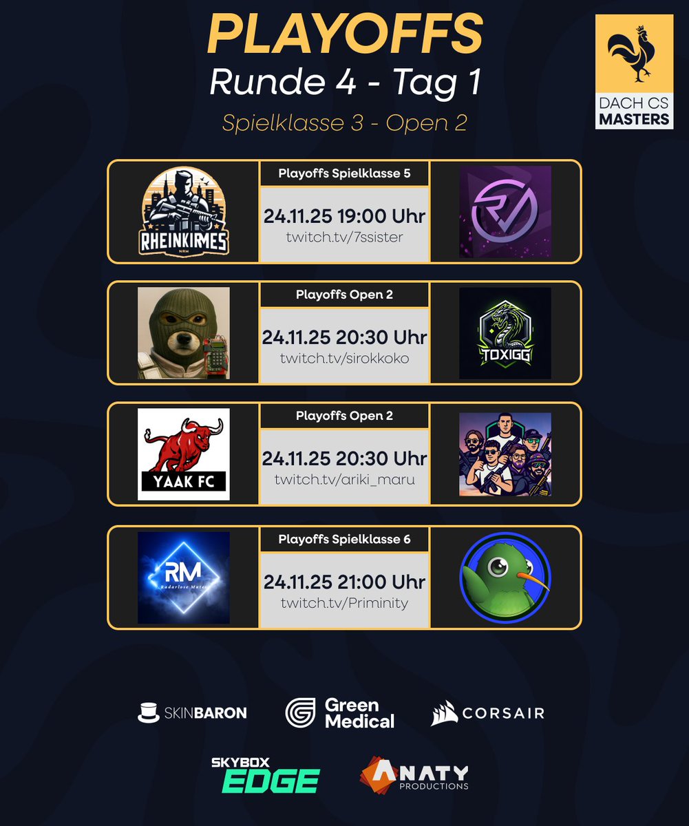 dachcs's tweet image. +Playoffs SPK3 - Open2 Runde 4+

Nicht nur das Major hat heute angefangen (genauso wie die technical Issues), sondern auch Runde 4 der Playoffs 🥳

Wenn wieder technical issues sind dann schaut doch liebend gerne bei den heutigen Streams vorbei:

🔴 19:00 - Rheinkirmes vs…