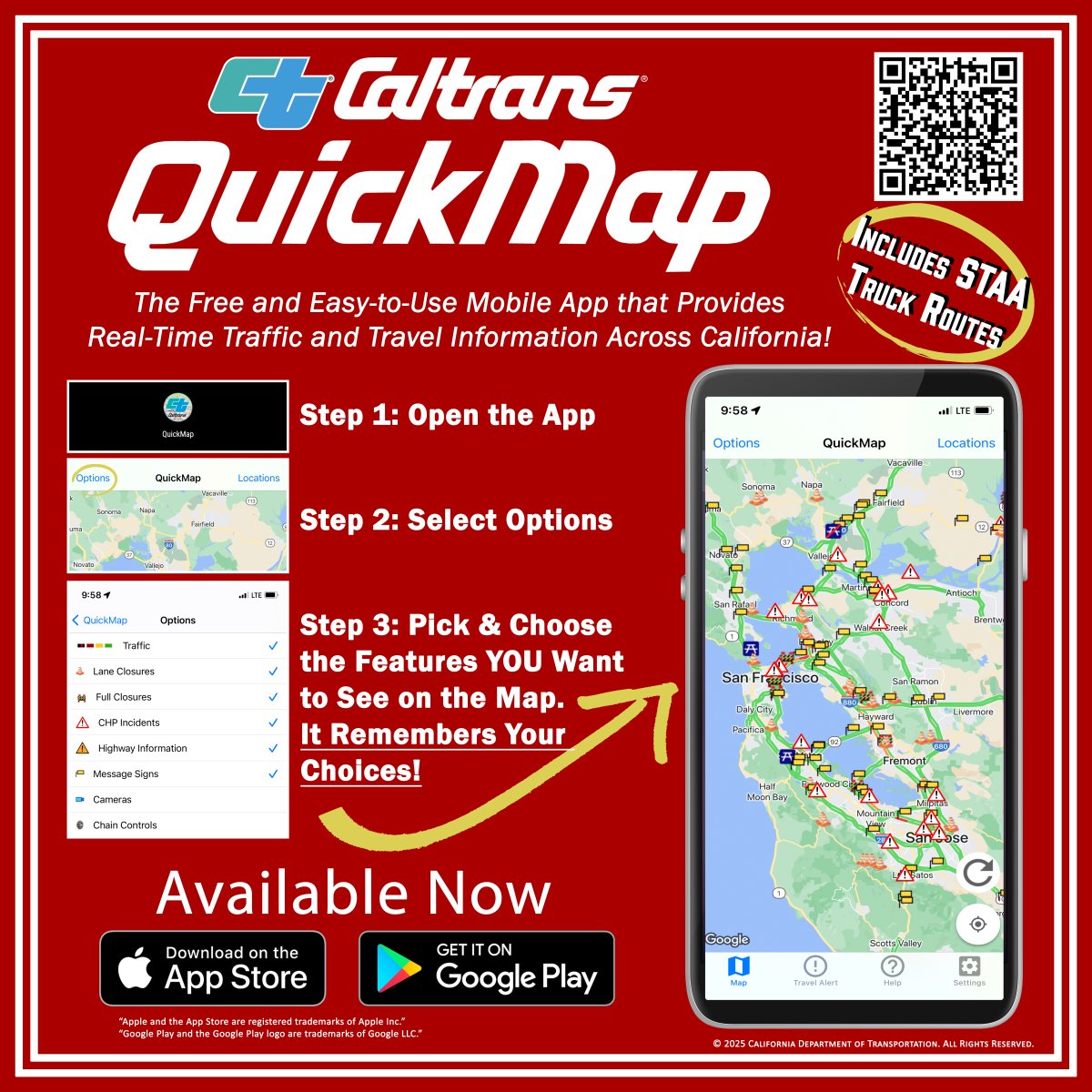 CaltransD4's tweet photo. 🚗✨Planning a road trip for the upcoming Holidays? Make sure to get QuickMap before you head out, for real-time traffic updates and road closures. 📲Available in both Google Play and App Store.
Drive safe, everyone! https://t.co/cipKtcceGE #holidaytravel #caltransD4 https://t.co/oH2sEIAj6z