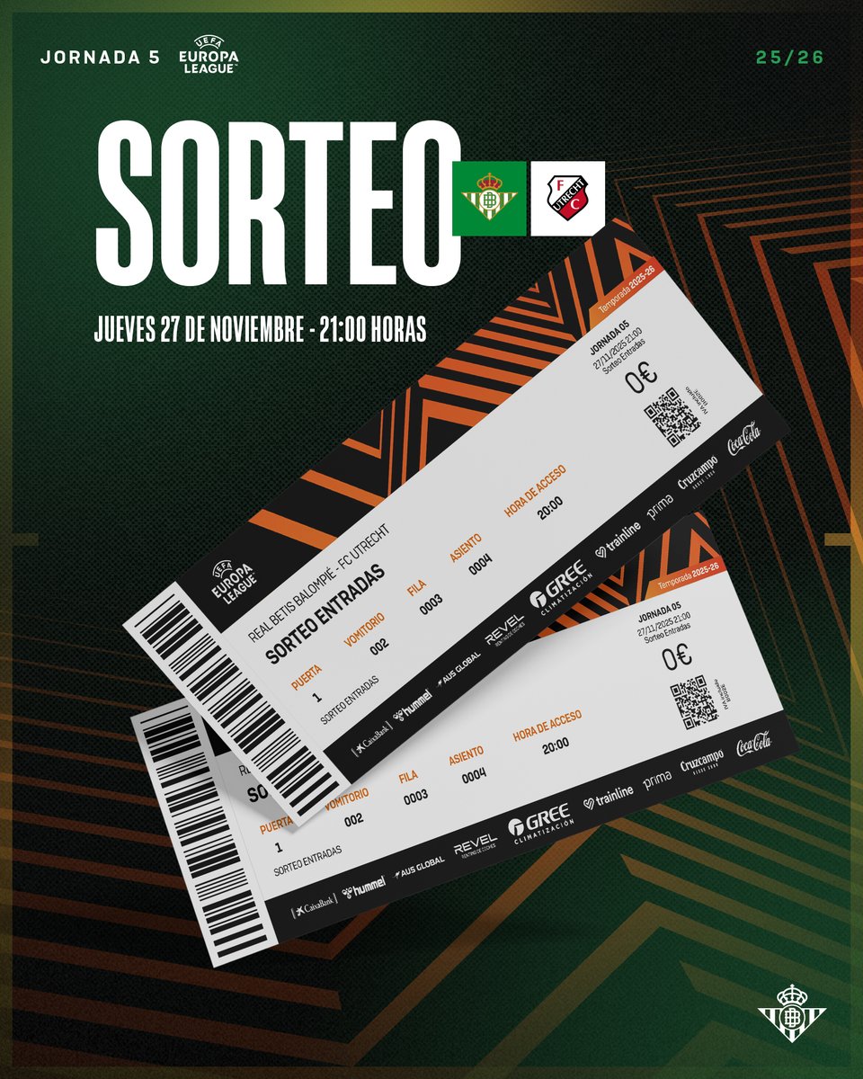 RealBetis's tweet image. ¡Sorteamos 2 entradas para el #RealBetisUtrecht entre todos los que hagáis repost a esta publicación! 🎟