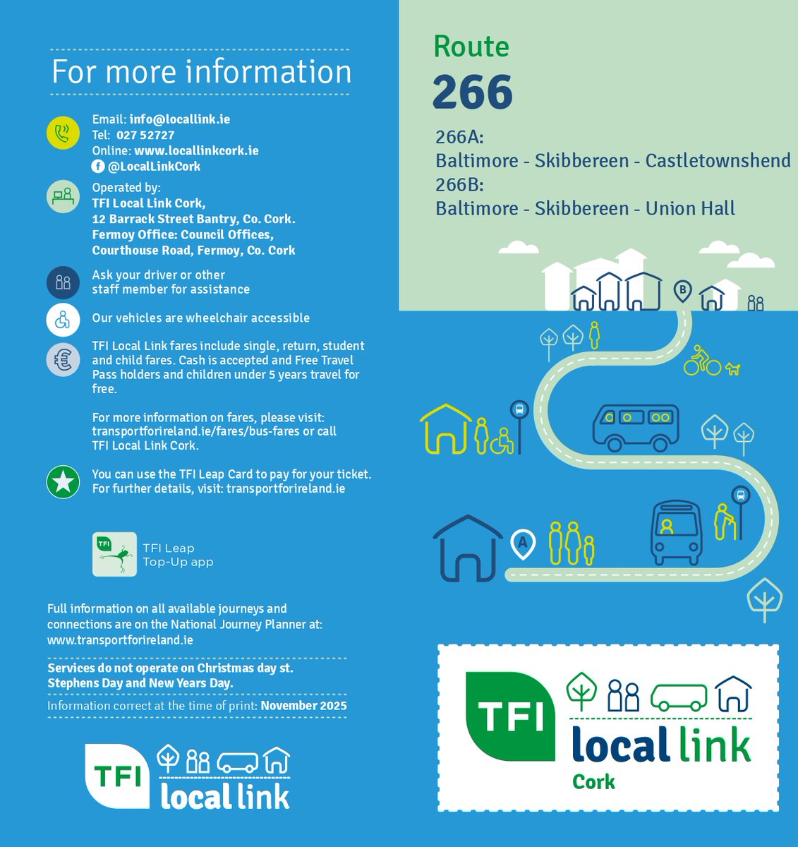 LocalLinkCork's tweet image. 📢 New Late Service on Route 266 
Starting Monday 1st December, Route 266 will run an extra service at 21:35 from Baltimore to Skibbereen.
#tfilocallinkcork # route266  #BaltimoreToSkibbereen #info50