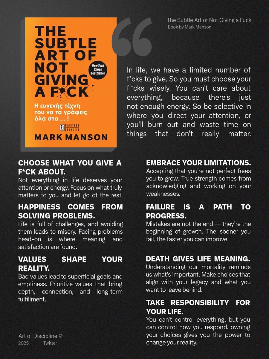 __Discipline's tweet image. 📚 The Subtle Art of Not Giving a F*ck
        Book by Mark Manson