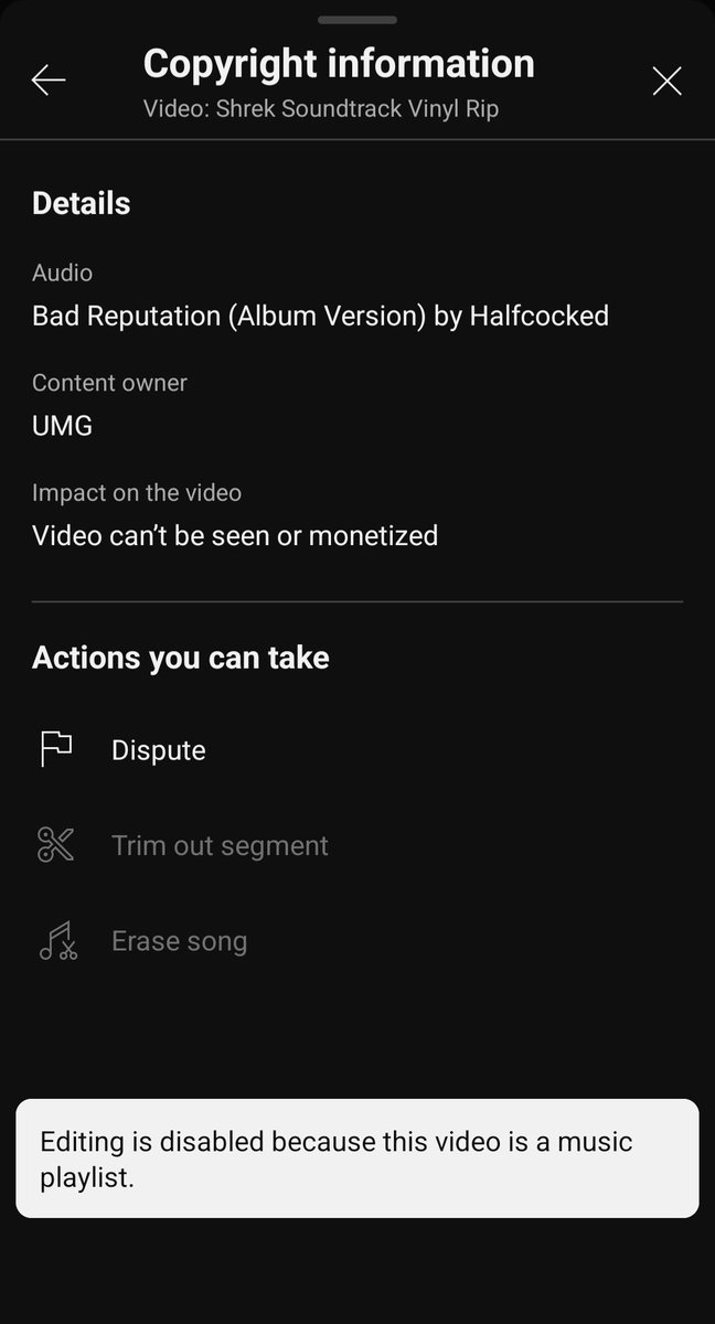 SonOfAyeShepard's tweet photo. @TeamYouTube Hello. Why am I unable to trim/edit out a copyrighted section on some videos while others allow it? It says editing is disabled because the video is a music playlist. What does that mean? https://t.co/E7rWq4qEvx