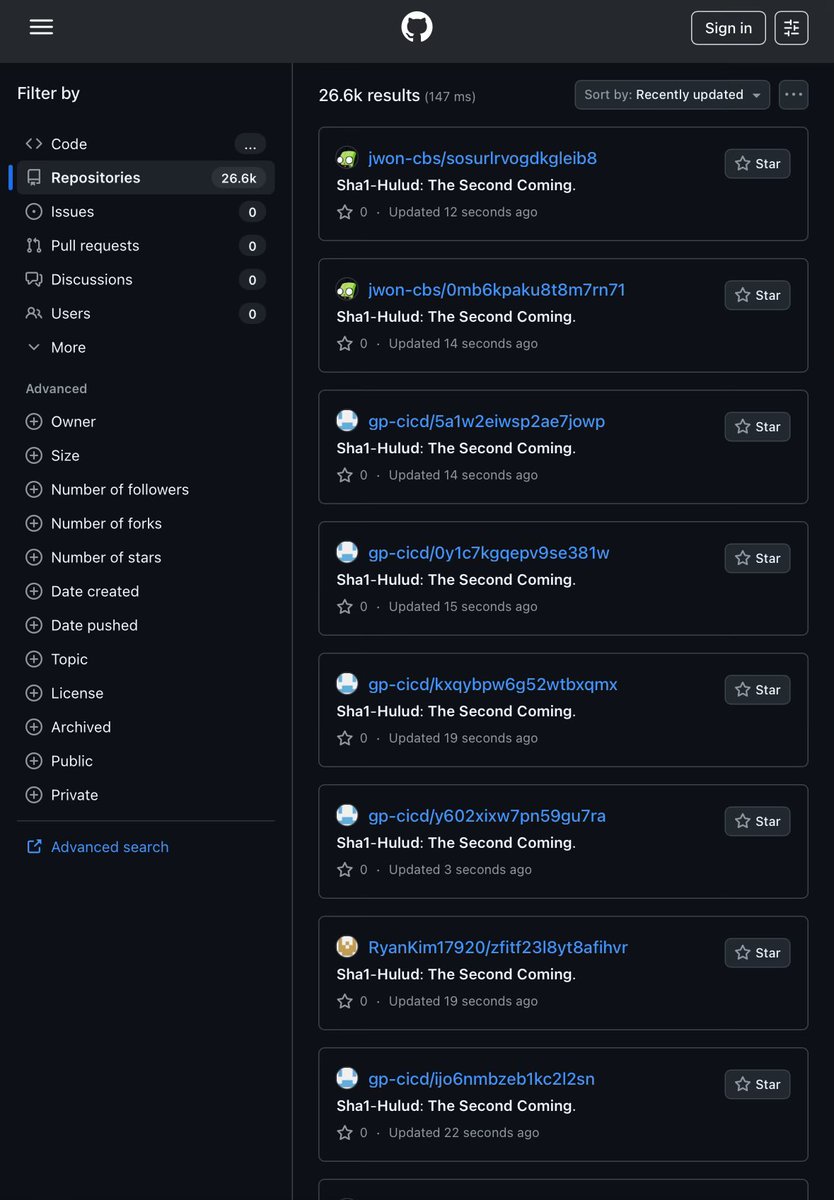 amasad's tweet image. NPM worm “Shai Hulud” is back and you can see a list of people getting pwned in realtime by refreshing this GitHub search page.

When a user is infected the worm collects API keys and secrets and pushes them to a new repo on GitHub.