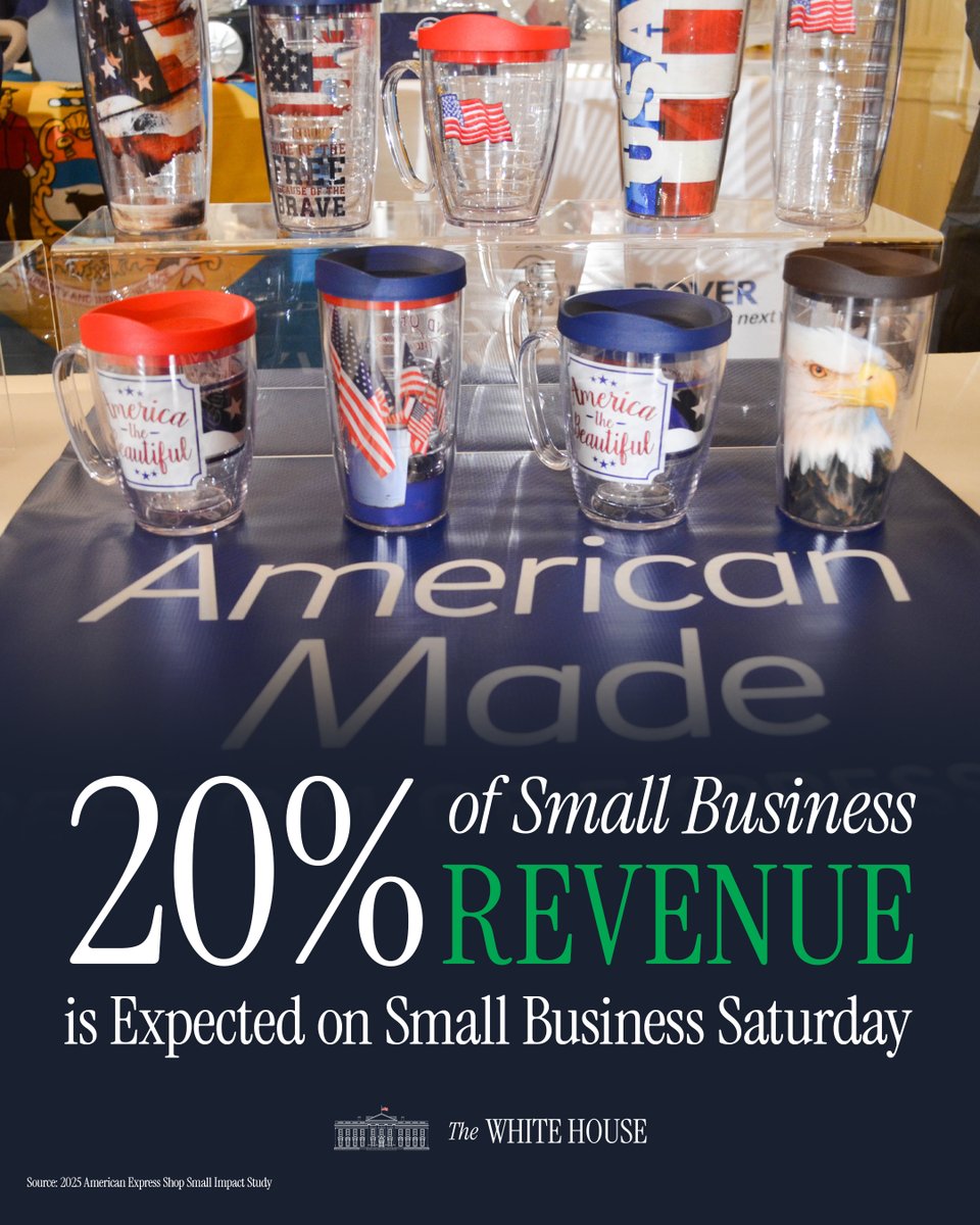 WhiteHouse's tweet image. Happy Small Business Saturday!

According to an American Express study, 20% of annual small business revenue is expected today. Be sure to shop SMALL and shop AMERICAN! 🇺🇸 🛍️