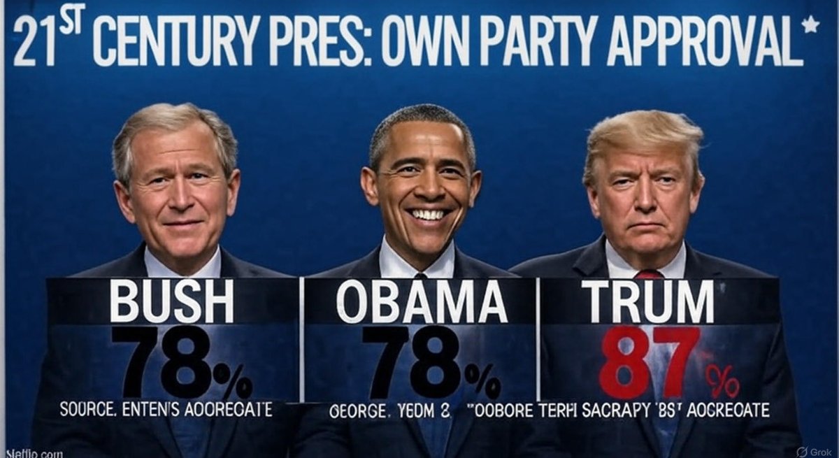 BarronTNews_'s tweet image. BREAKING 🚨President Trump is pulling 87 percent in-party support in his second term. That blows Bush and Obama out of the water and he’s doing it with zero help from the media. No praise no protection no propaganda machine. Just raw support from the people who actually matter.…