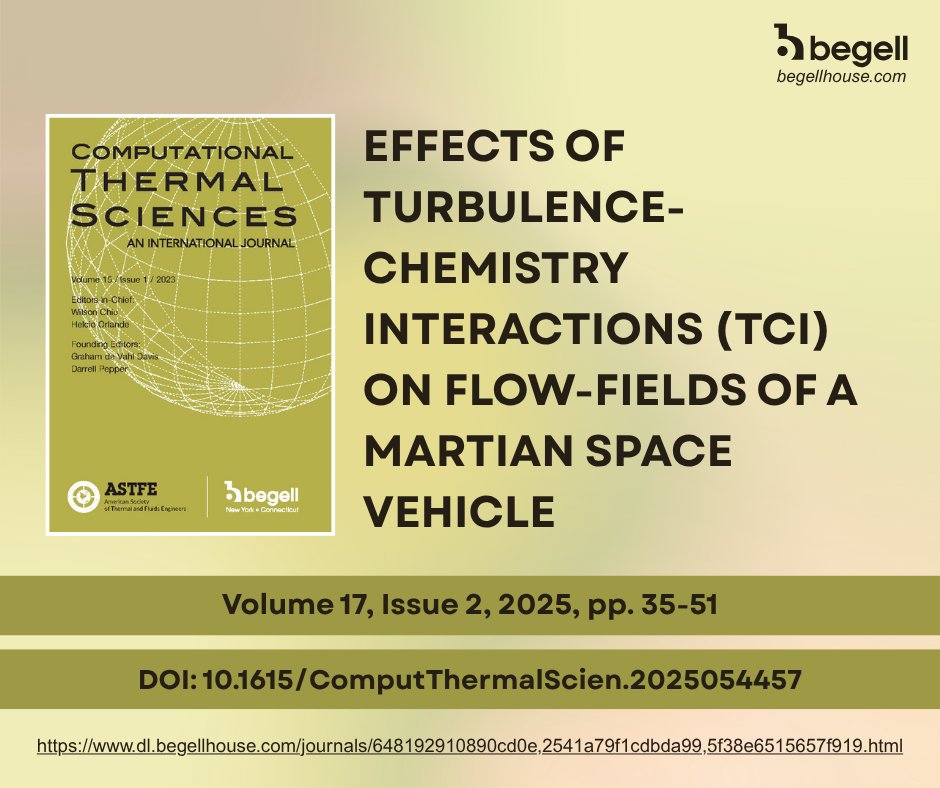 BegellHouse's tweet image. How do turbulence &amp;amp; chemistry interact during hypersonic Mars entry?

New research shows critical differences at Mach 16-21 for spacecraft design.

Free access until Feb 1st: dl.begellhouse.com/journals/64819…

#HypersonicFlow #ComputationalFluidDynamics