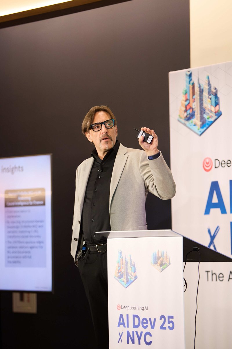 DeepLearningAI's tweet image. A look back at AI Dev 25: Stefano Pasqualli from @DomynAI joined us to dig into what it really takes to build trustworthy AI in finance. Transparent, auditable systems were front and center, and so was the great conversation in the room.