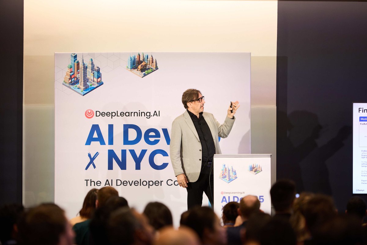 DeepLearningAI's tweet image. A look back at AI Dev 25: Stefano Pasqualli from @DomynAI joined us to dig into what it really takes to build trustworthy AI in finance. Transparent, auditable systems were front and center, and so was the great conversation in the room.