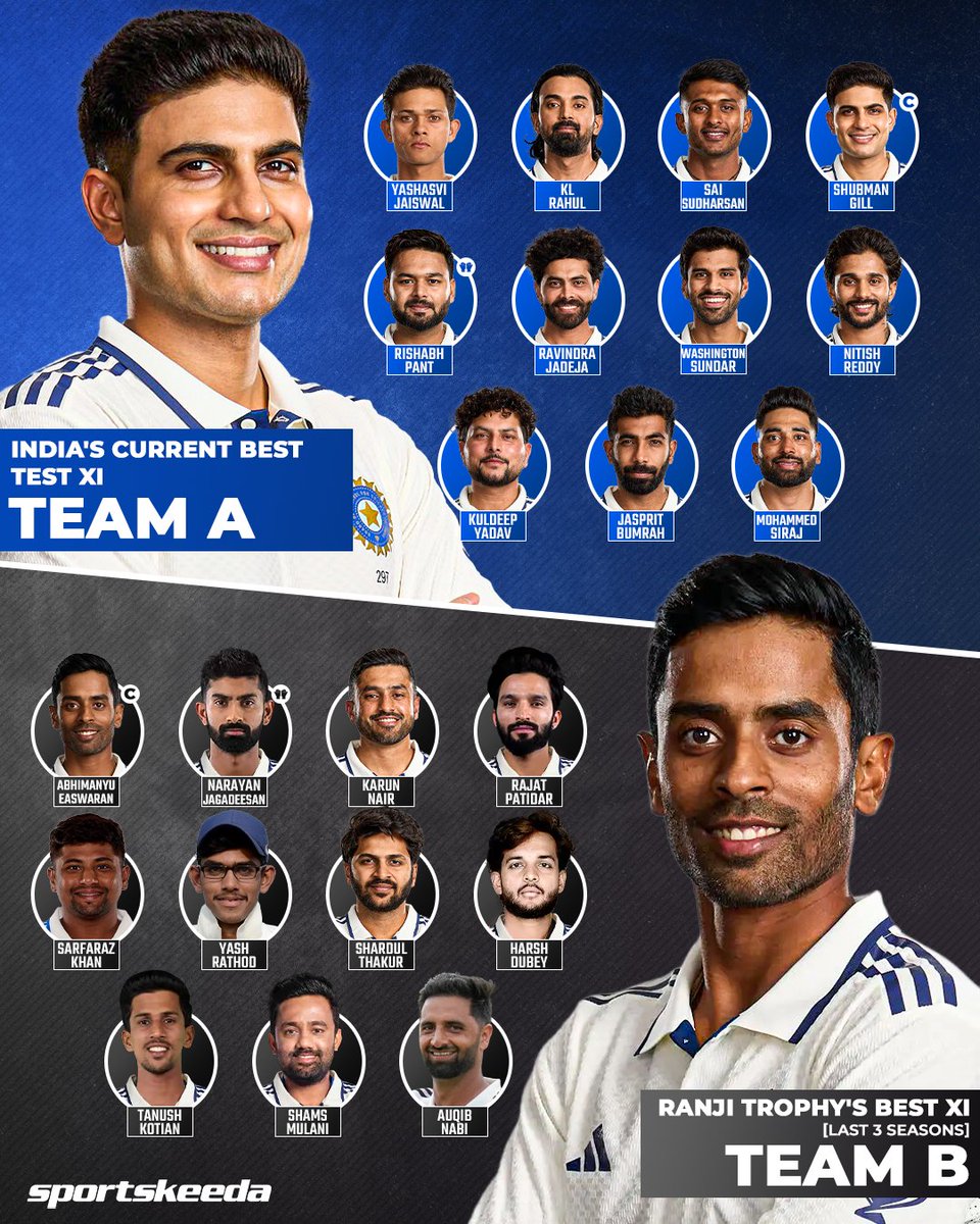 Sportskeeda's tweet image. India’s senior Test stars vs Ranji Trophy’s finest! 🇮🇳🤍🔥

Who are you backing to win this battle? 🤔👇

#India #RanjiTrophy #Sportskeeda