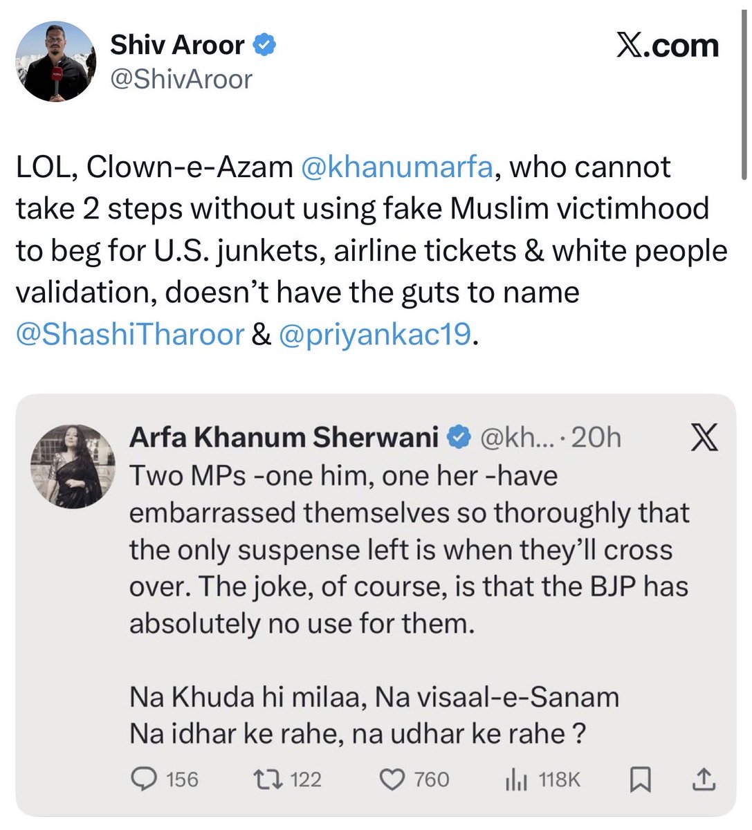 khanumarfa's tweet image. At this point it feels like NDTV’s Managing Editor Shiv Aroor is in a full-blown race with OpIndia folks for the Troll-in-Chief title. 
Wild how his timeline looks like pure views-farming these days.
Shiv, don’t be so desperate and please stop using my name for engagement.