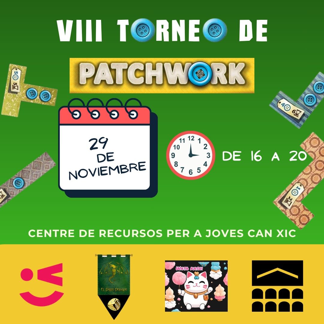 ¡Nos queda una plaza libre para el torneo de Patchwork de Viladecans que haremos este sábado en <a href="/ViladecansJove/">ViladecansJove</a>! Os recordamos que tenemos lista de reserva por si falla alguno de los que se han apuntado previamente y de llevaremos ludoteca para el disfrute de todos.