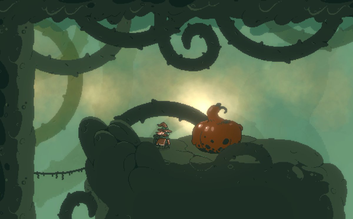 Trying to make this interactable pumpkin part of a cute little corner. Those branches are my hint that a special gameplay moment is close.
#ドット絵 #indiegamedev #indiedev #pixelart #gamedev
