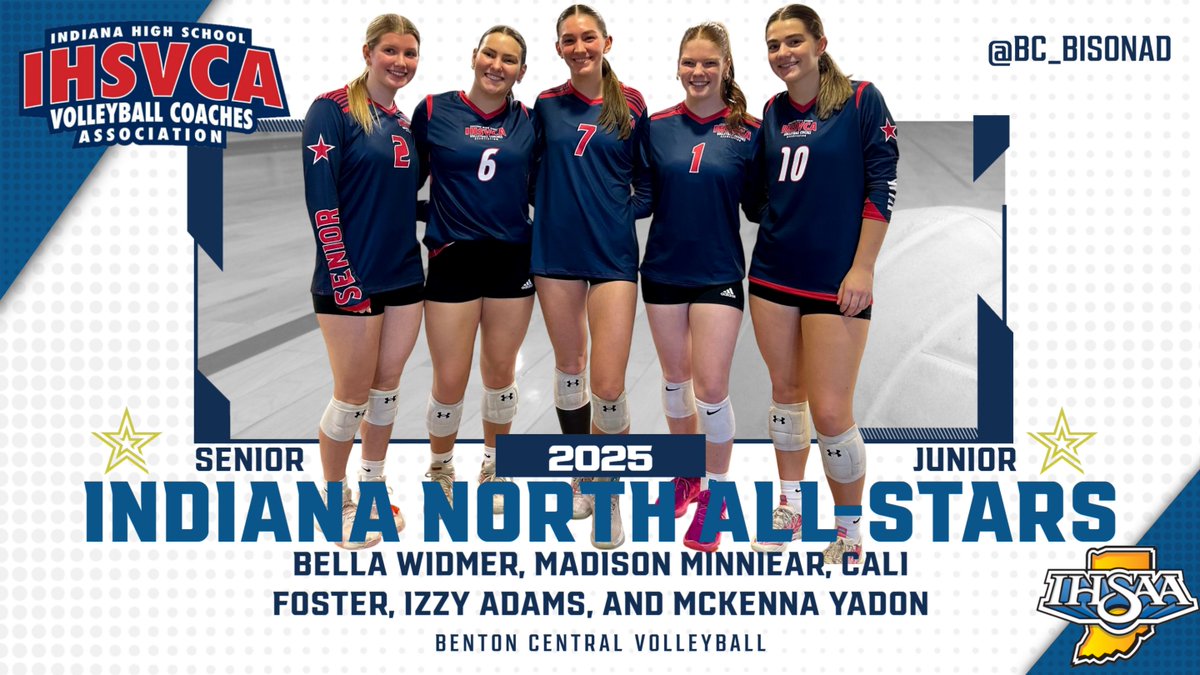 Bison Pride on the Big Stage! 
Five Benton Central standouts represented us at yesterday’s IHSVCA 1A/2A North/South All-Star Game at Lawrence North HS!
Senior All-Stars: Bella Widmer, Calista Foster, Izzy Adams
Junior All-Stars: Madison Minniear, McKenna Yadon