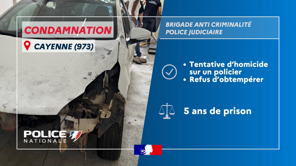 PoliceNat973's tweet image. #Condamnation |⚖️La semaine dernière, suite à un refus d’obtempérer ayant mis en danger la vie d&apos;un #Policier de la BAC, le conducteur en fuite a été identifié puis interpellé dès le lendemain.
👉Il a été condamné à 5 ans d’emprisonnement ferme.
#PoliceNationale