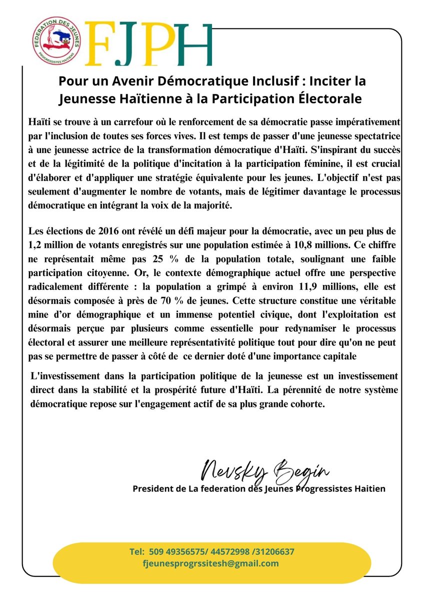 FJPH111's tweet photo. La @FJPH111  demande au @CEPhaiti  de créer une incitation participative pour la jeunesse. https://t.co/RB6Puh5KZT