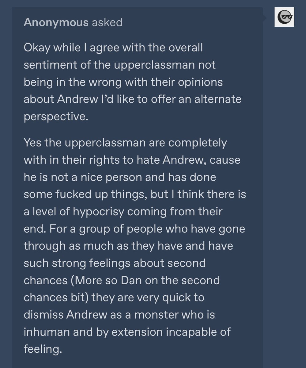 andrewapologism's tweet image. no more andrew vs upperclassmen discourse ever needed, this anonymous tumblr ask perfectly hit every point possible.