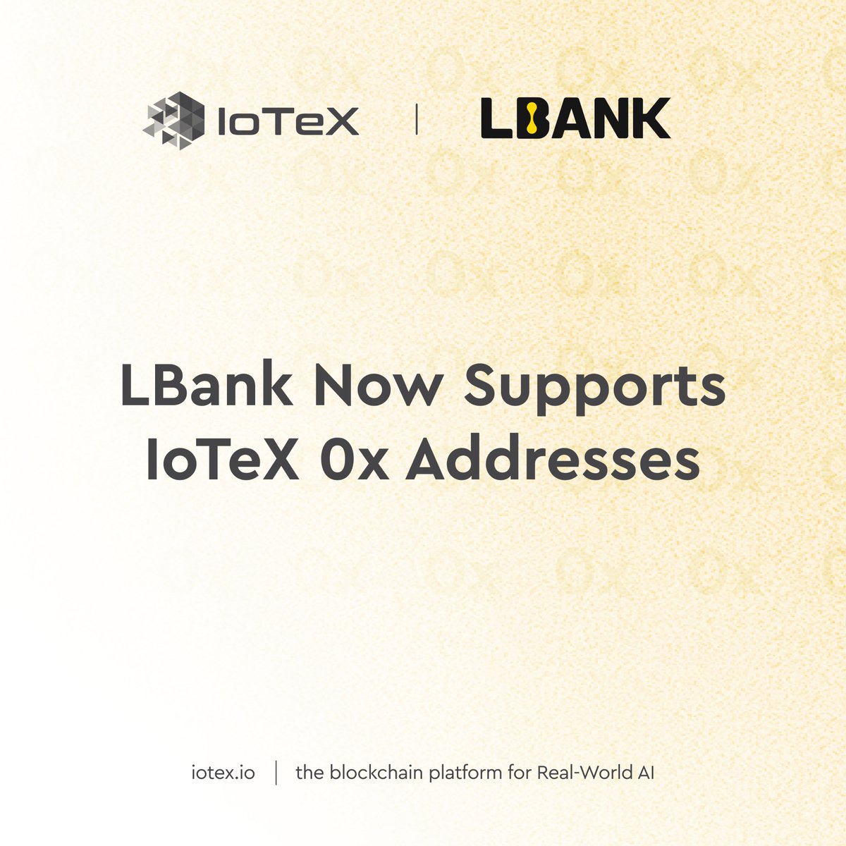 another major step forward for IoTeX:

<a href="/LBank_Exchange/">LBank.com</a> has rolled out full support for 0x-format IOTX addresses.

this upgrade follows IIP-40's plan to unify IoTeX under a single, unified address format. 

moving from the legacy “io1” format to “0x” creates a cleaner, more