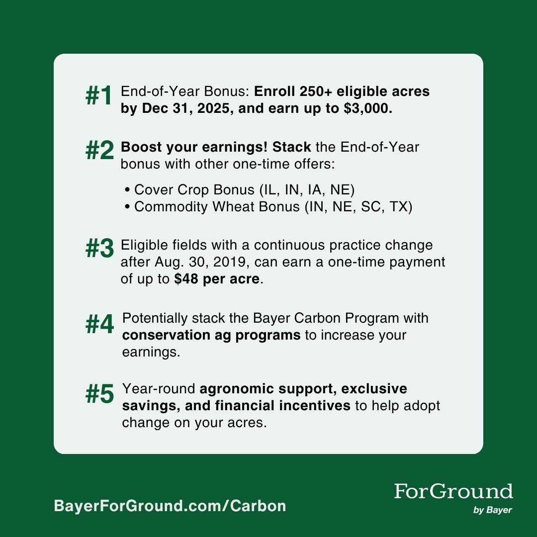 ForGround_Bayer's tweet image. Five reasons to enroll in the Bayer Carbon Program before year-end — including bonuses up to $3,000 and historical payments up to $48/acre.

Get the details 👉  bit.ly/47r7J3e
#ForGround #RegenerativeAg