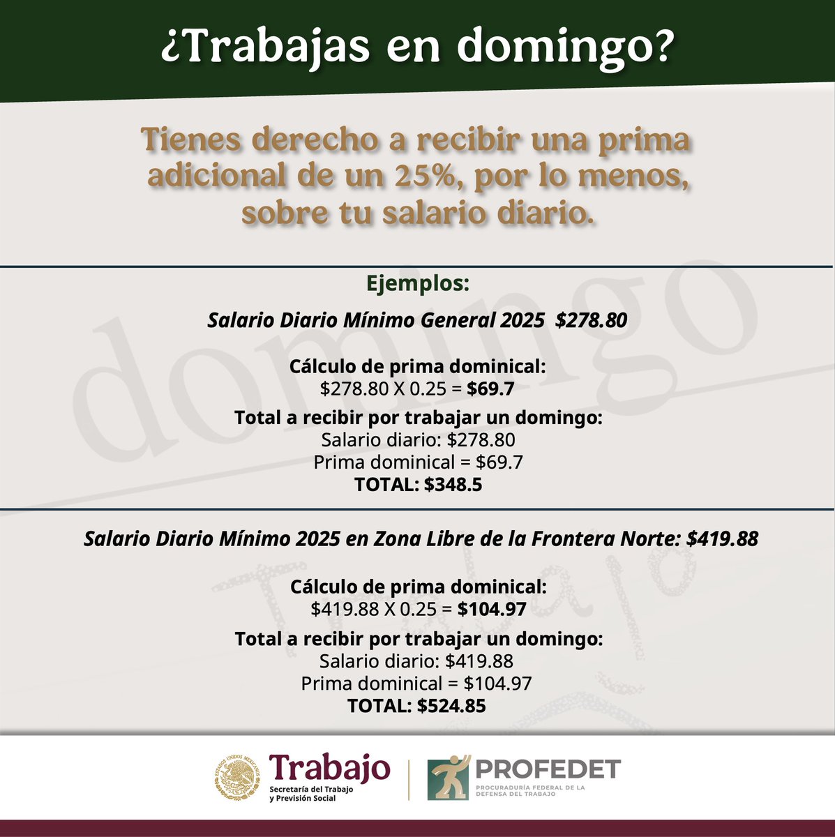 PROFEDET's tweet photo. 🧐¿Recibes prima dominical?
👀En #PROFEDETSÍ te explicamos cuánto debes recibir por trabajar en domingo.
 😎¡Es tu derecho!
☎️079, línea del Gobierno de México. https://t.co/bI6RakANxo