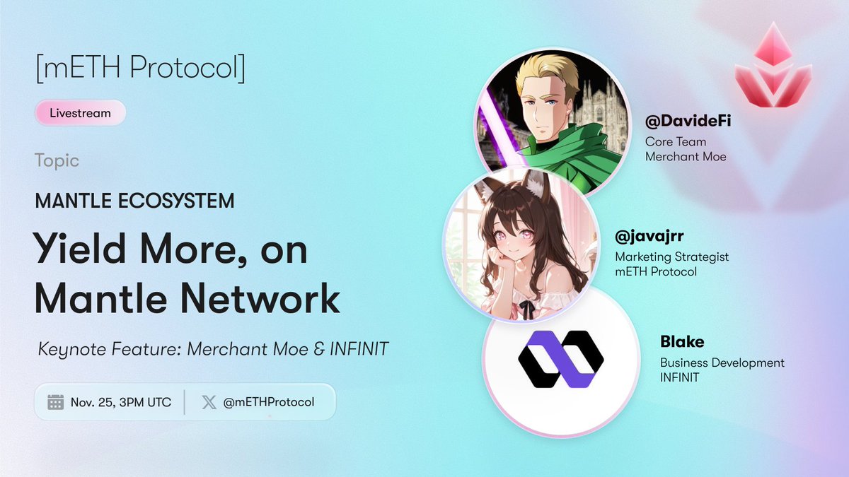 mETHProtocol's tweet image. Exploring new ways to deploy your ETH?

We’re going live on 𝕏 with @Infinit_Labs and @MerchantMoe_xyz for another recap; find out what they’ve been building and how it fits into our expanding ecosystem.

🗓️ Nov. 25, 3PM UTC