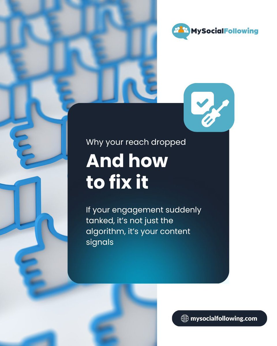 MySocialFollow's tweet image. If your reach dropped, don’t panic, adapt.

The algorithm rewards value and consistency, not random posting.

Start posting with purpose and watch your metrics rise 📈

#SocialStrategy #ContentTips