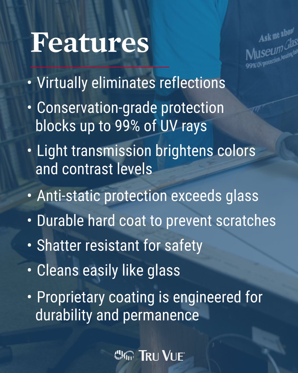 truvueglazing's tweet image. #OptiumMuseumAcrylic is built for delicate, oversized, and irreplaceable pieces. It combines crystal clarity with serious protection: anti-static, shatter-resistant, 99% UV blocking, and scratch-resistant. 🔗 Learn more at bit.ly/38E4fvU. #TruVue #CreateSomethingSpecial
