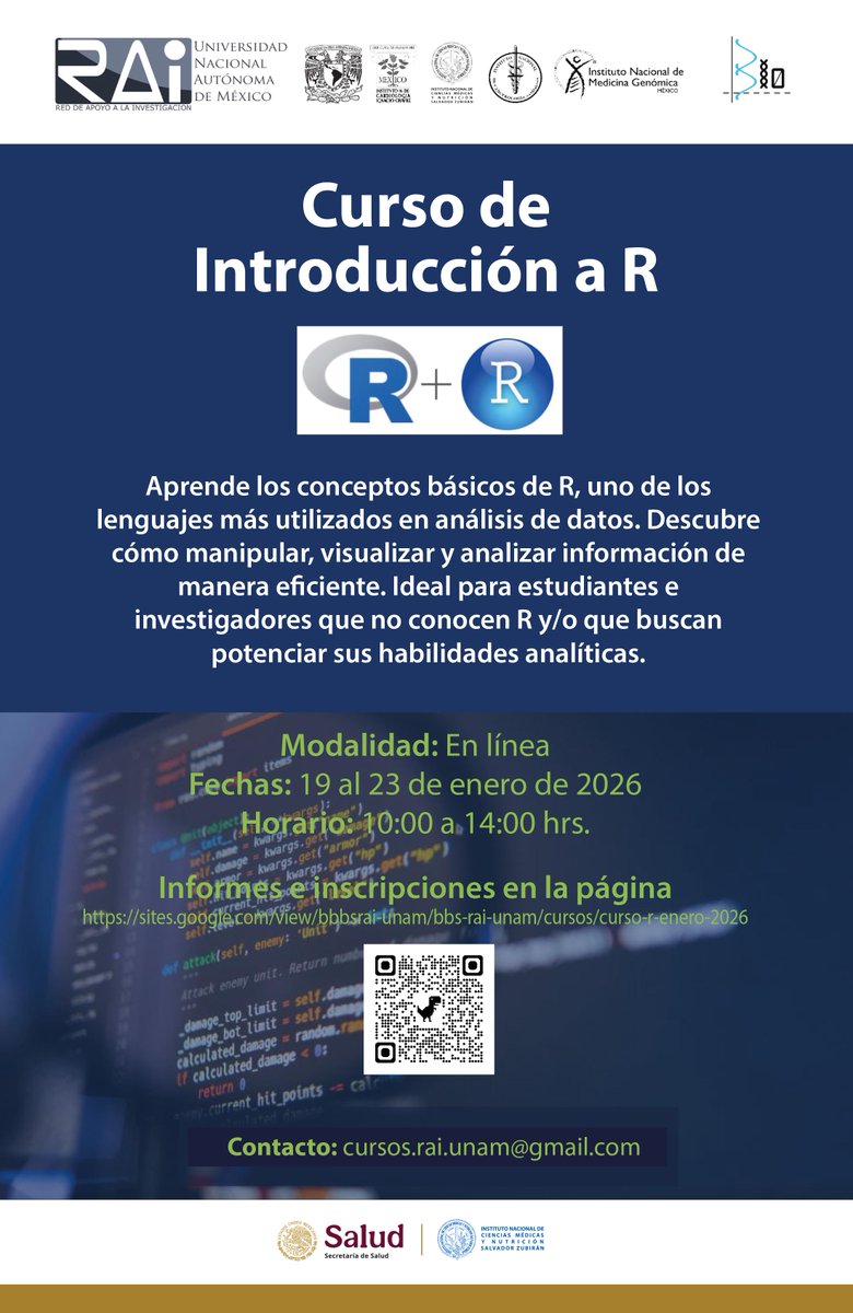 incmnszmx's tweet image. * * * CURSO * * *
Curso de Introducción a R
19 al 23 de enero de 2026.
Horario: 10:00 a 14:00 hrs.
Informes e inscripciones: sites.google.com/view/bbbsrai-u…
Contacto: cursos.rai.unam@gmail.com