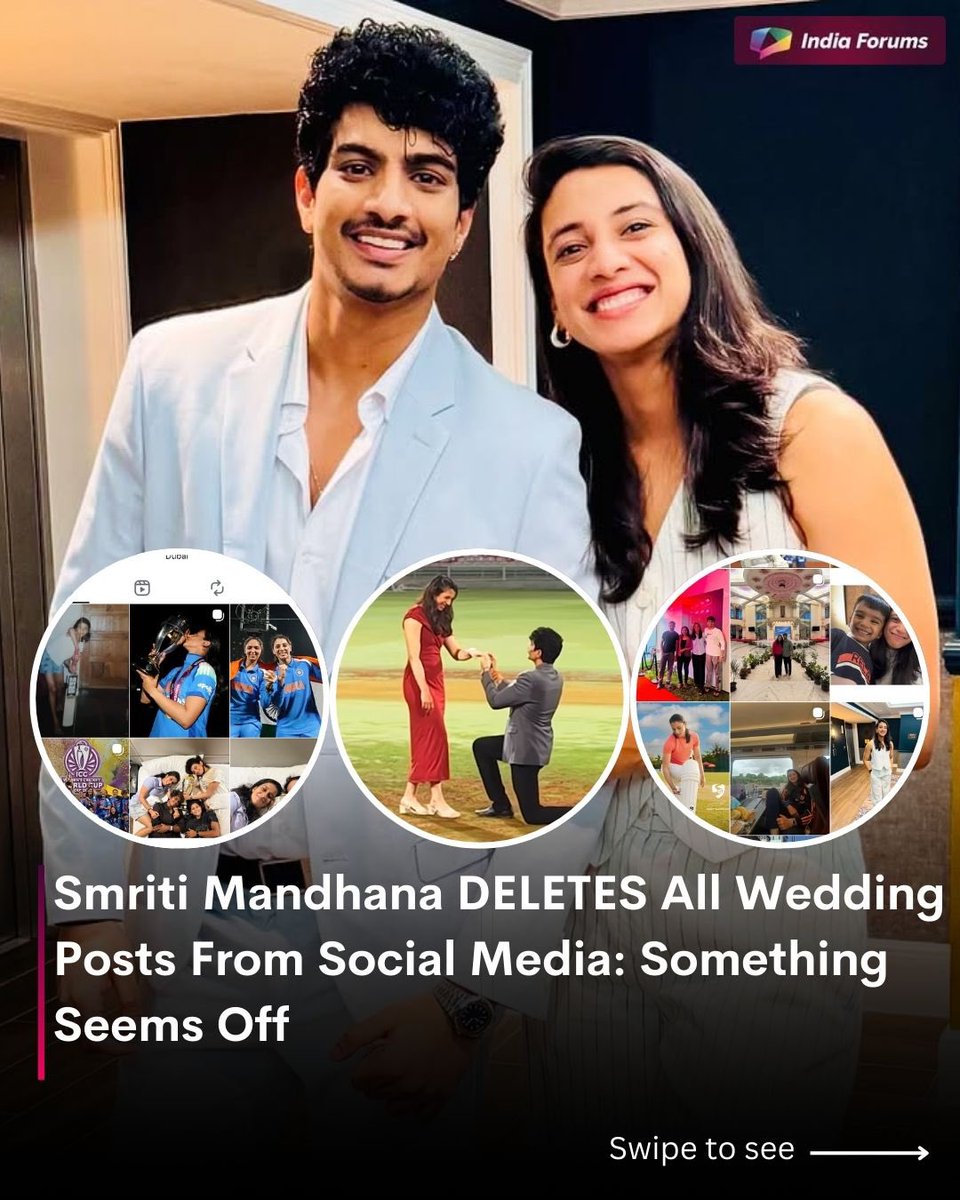 indiaforums's tweet image. Smriti Mandhana has deleted all her wedding posts from social media, leaving fans curious about the sudden change. The reason behind this step remains unclear. What are your thoughts? Comment below. 👇🏻 
.
.
.
#IndiaForums #SmritiMandhana #PalashMucchal #Wedding…
