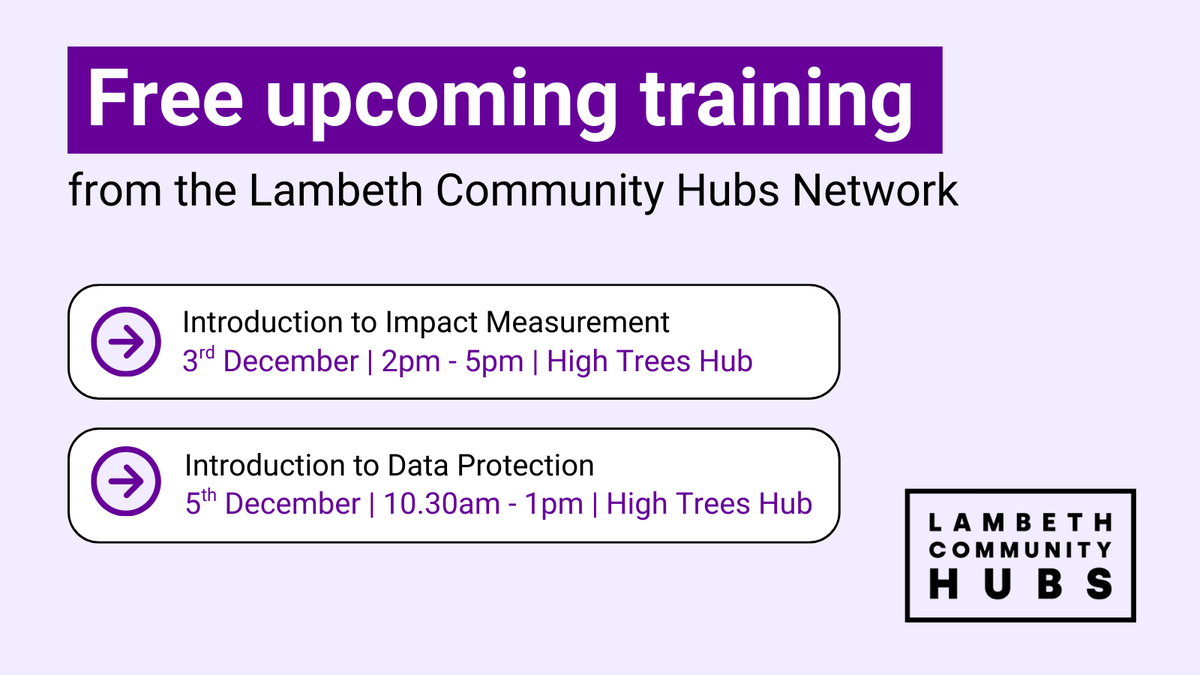 HighTreesCDT's tweet image. 📢 We’re hosting exciting training sessions for Lambeth-based voluntary and community organisations over the next couple of weeks!  

📌 Introduction to Impact Measurement
➡️ bit.ly/4oOBjWB 

📌 Introduction to Data Protection 
➡️ bit.ly/3XckNn9

#FreeTraining