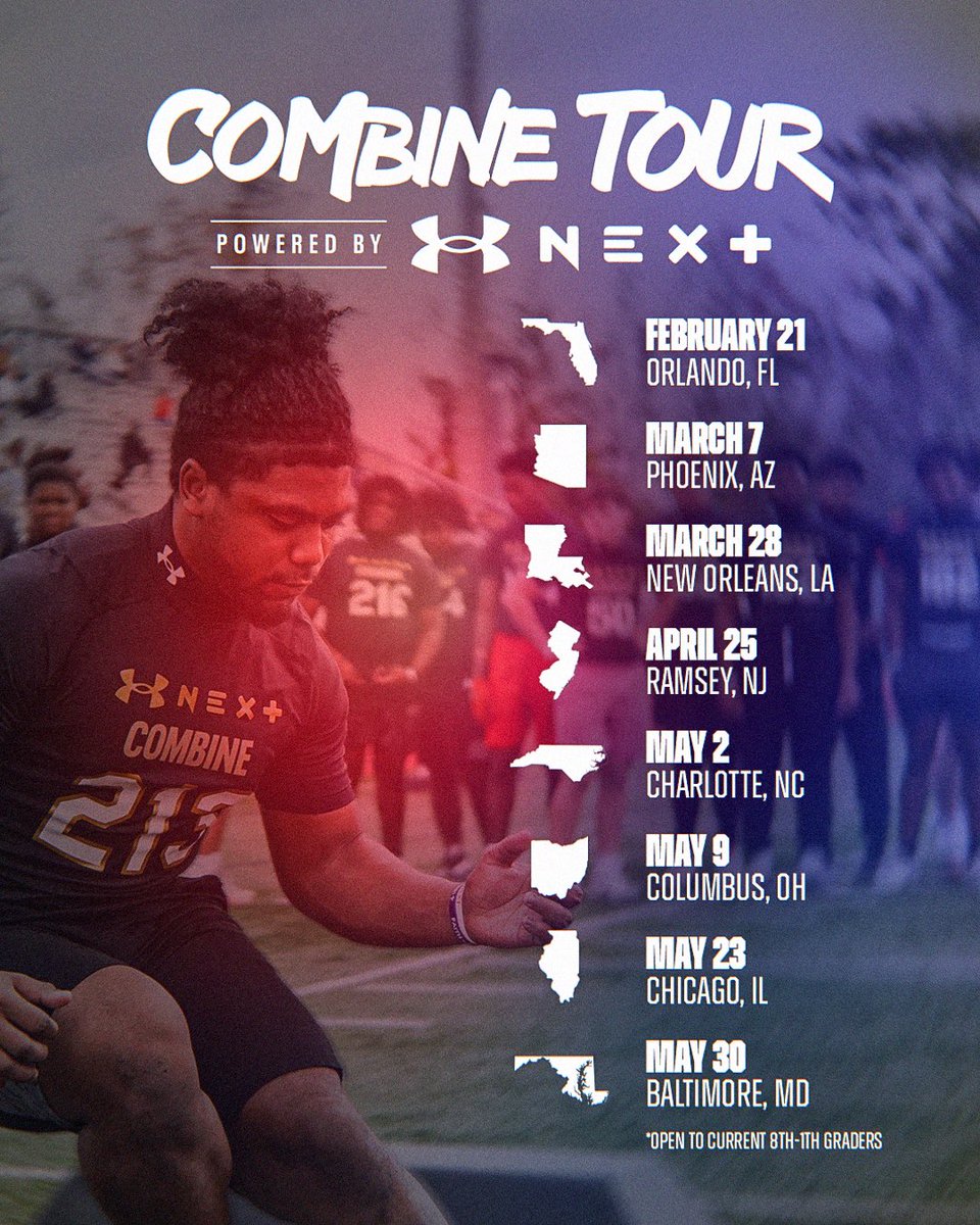 TheUCReport's tweet image. The Combine Tour powered by UA Next is back and headed to 8️⃣ cities in 2026.

Compete, gain exposure, and earn your invite to UA Next Camp the following day. 

Registration opens on December 1st‼️ #UANext

More info: ua.ucfootballcamps.com/page/ua-next-c…