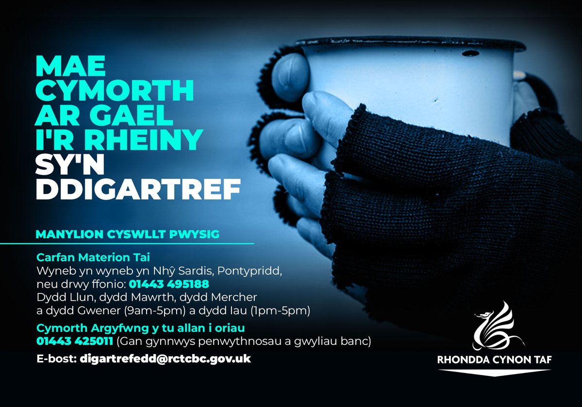 Mae’r tywydd yn oerach ac yn fwy gwlyb ar yr adeg yma o’r flwyddyn, felly cofiwch am y cymorth sydd ar gael o ran digartrefedd. Dyma rywfaint o fanylion cyswllt pwysig, ac mae rhagor o wybodaeth ar ein gwefan, yma: orlo.uk/JFc1v
