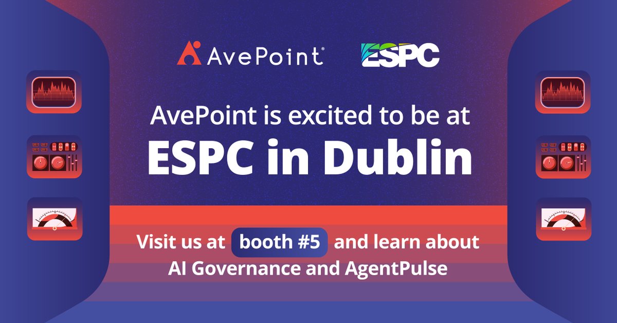 AvePoint's tweet image. On the heels of an amazing #MSIgnite, we are super excited to be attending #ESPC next week in Dublin! Drop by booth #5 to hear about how our platform has evolved to help your organization establish a strong data foundation and govern AI to ensure secure adoption

#AIGovernance…