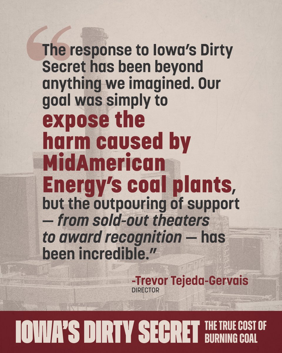 CleanUpMidAm's tweet image. We hoped the documentary would resonate, but we never anticipated winning festival awards, selling out screenings, or receiving such widespread media attention. 



You can now watch Iowa’s Dirty Secret: The True Cost of Burning Coal online at iowasdirtysecret.com.