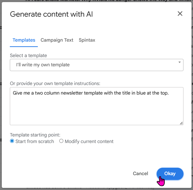 AI Templates: You can now use AI to generate or edit custom HTML templates for newsletters and campaigns. 🧠🎨 Describe your layout, colors, or sections, and GMass will build it instantly—no fixed gallery required. Perfect for designed emails, not plain-text outreach.