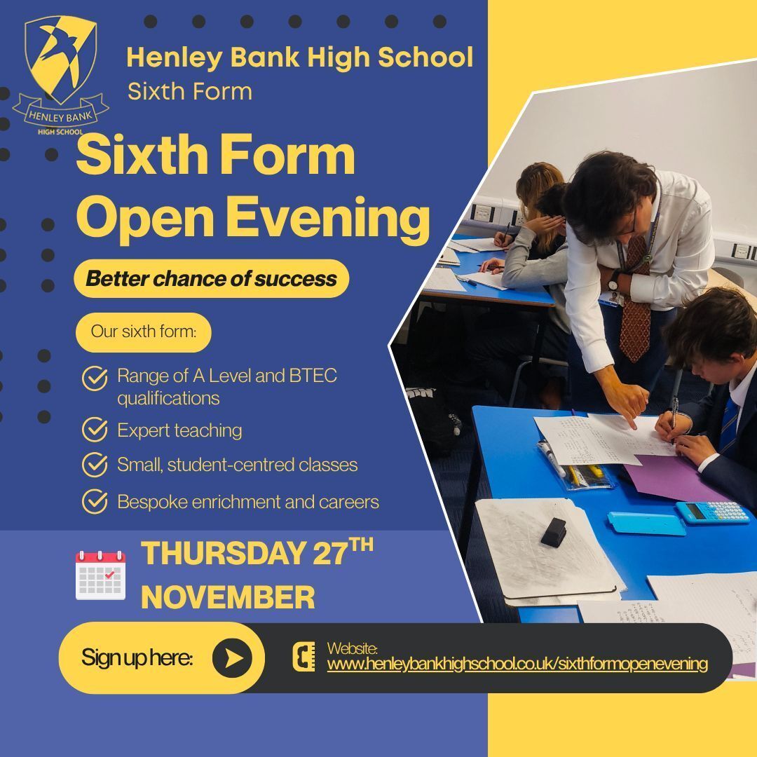 HenleyBankHigh's tweet image. 🌟 Sixth Form Open Evening at Henley Bank High School!

Ready for Sixth Form success? Discover your future with us!

Wide range of A Level and BTEC options.

Expert teaching and small classes.

📅 Thursday 27th November

Book today! ➡️ henleybankhighschool.co.uk/sixthformopene…

#SixthForm #HBHS
