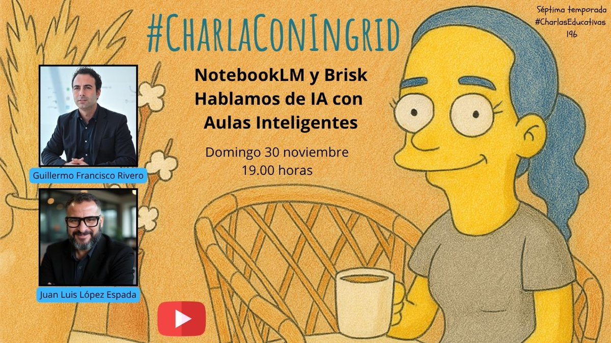 imgende's tweet image. 🤩 Ya programada la #CharlaConIngrid del domingo 30 en la que hablaremos de #IA con @AulasInteligent y conoceremos un poco mejor las herramientas #NotebookLM y #Brisk.
youtube.com/live/JihmYBOFp…
¡No os la perdáis! ¡Os esperamos en el chat en directo! 🥰