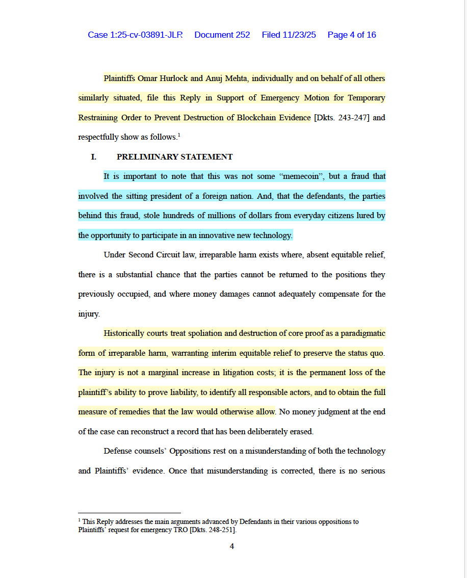 Caso $LIBRA en NY: Nuevo escrito de los demandantes pidiendo a la jueza Rochon que le prohiba a Davis y cía usar técnicas que vuelvan irrastreables sus ganancias. Repiten que la gravedad del "fraude" radica en que "involucró al presidente en ejercicio de una nación extranjera".