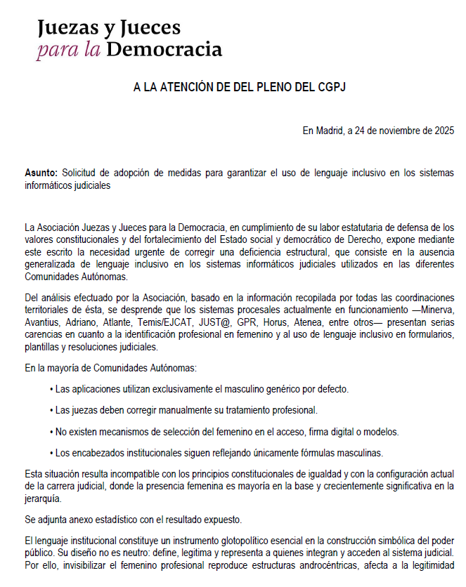 JpDemocracia's tweet photo. 🟣 JJpD ha solicitado al #CGPJ que garantice el uso de #lenguajeinclusivo en todos los sistemas informáticos judiciales utilizados en España

➡️ La mayoría de aplicaciones aún emplean el masculino genérico sin permitir la personalización del femenino profesional https://t.co/bSYguoVoIN