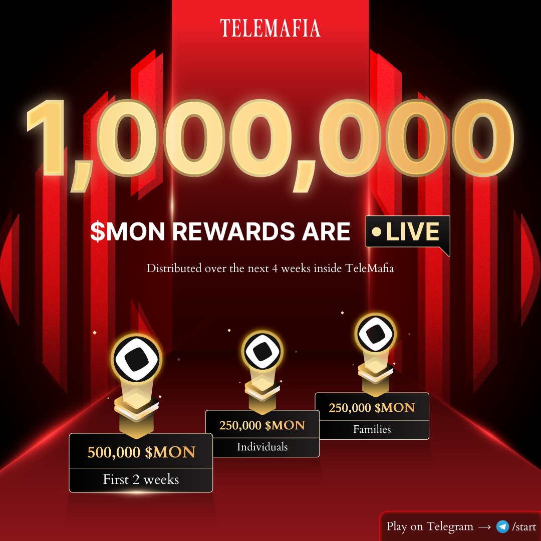 TeleMafia's tweet image. Earn 1,000,000 $MON rewards in @TeleMafia.

TeleMafia kicks off a 4-week @monad Mainnet Momentum event,  Starting Now.