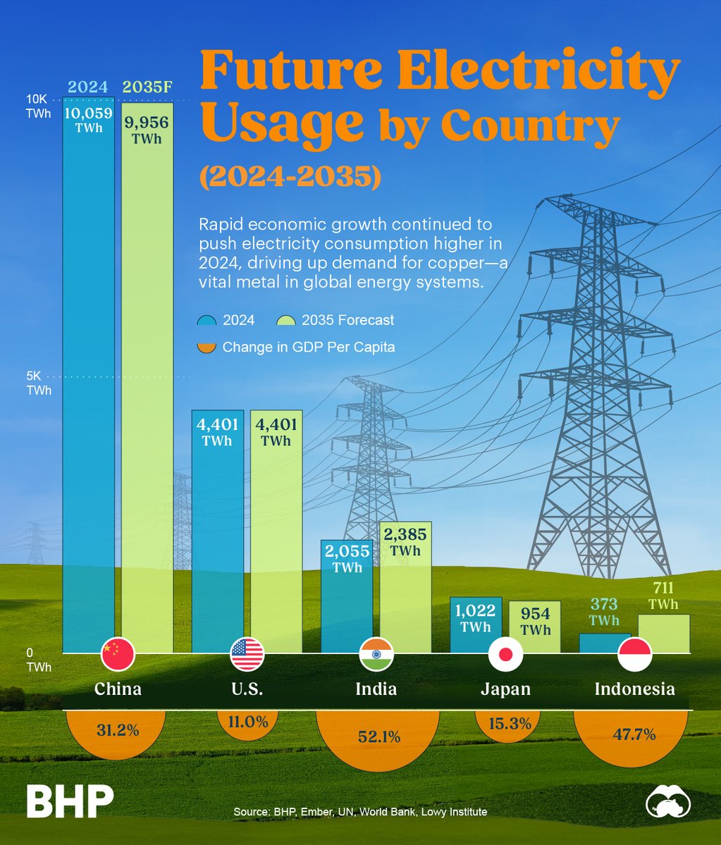VisualCap's tweet image. Projected electricity usage growth and economic development are driving global copper demand—see how energy use is rising from 2024 to 2035 ⚡

Here, we&apos;ve partnered with @bhp to visualize the projected growth in electricity consumption and GDP per capita across five major…
